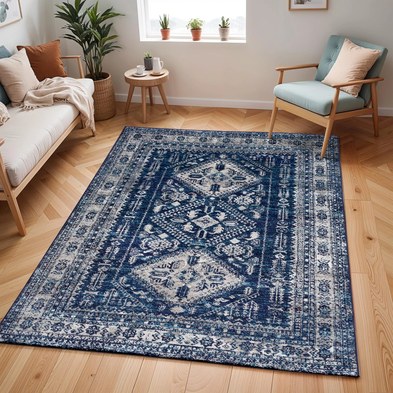 Livabliss Habana Vintage Rug - Area Rugs for Living Room 120x170 cm, Bedroom - Scandi Neutral Rugs, Traditional Patterned Boho Style, Natural Easy Care Pile - Large Rug, Blue