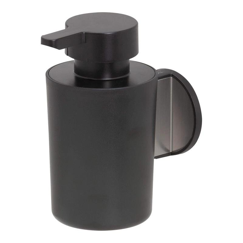 Tiger Tune Soap Dispenser, No Drilling Required Thanks to 3M Self-Adhesive Backing System, Optional Mounting with Screws and Plugs, Stainless Steel Brushed, Black, 6.8 x 12.3 x 10.9 cm