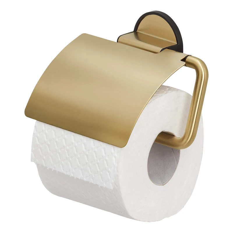 Tiger Tune Toilet Roll Holder with Cover, No Drilling Required Thanks to 3M Self-Adhesive Backing System, Optional Mounting with Screws and Plugs, Brass Brushed, Black, 15 x 12.3 x 3.3 cm