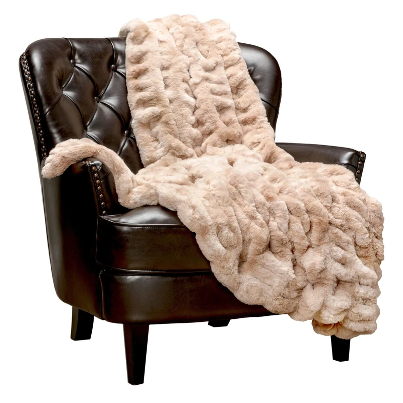 Chanasya Premium Ruched Faux Fur Throw Blanket - Luxurious, Soft Reversible Mink Blanket - 50" x 65” - Beige