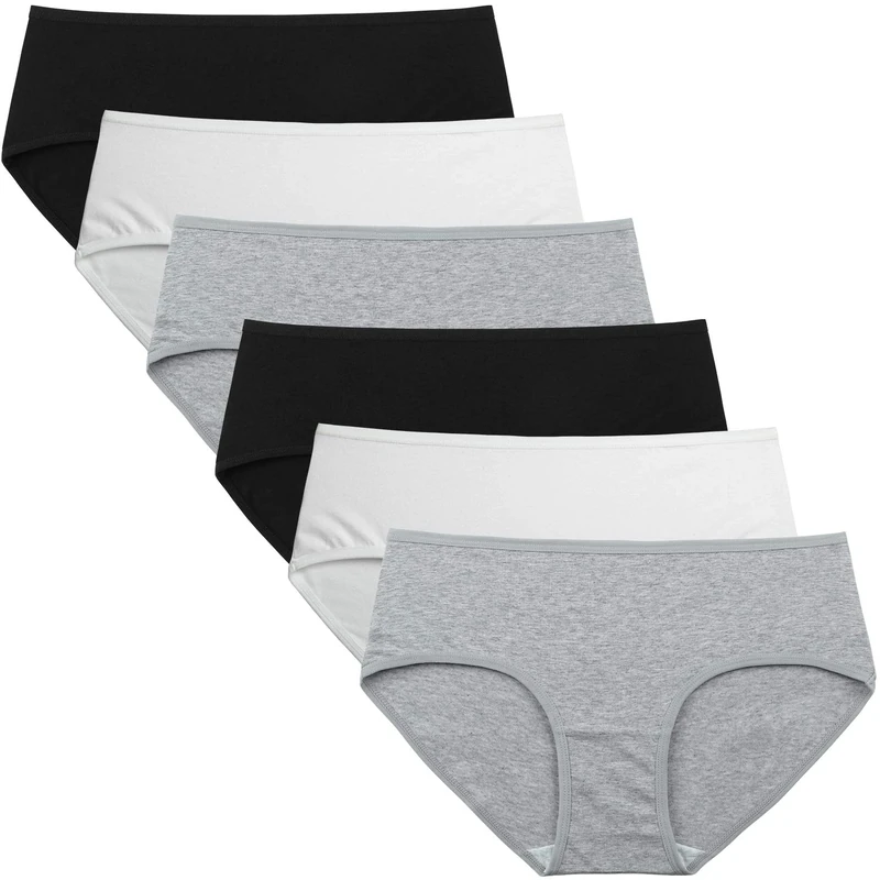 INNERSY Women Underwear Mid-Rise Briefs Daily Wearing Black White Knickers Multipack 6 (10, Black/White/Grey)