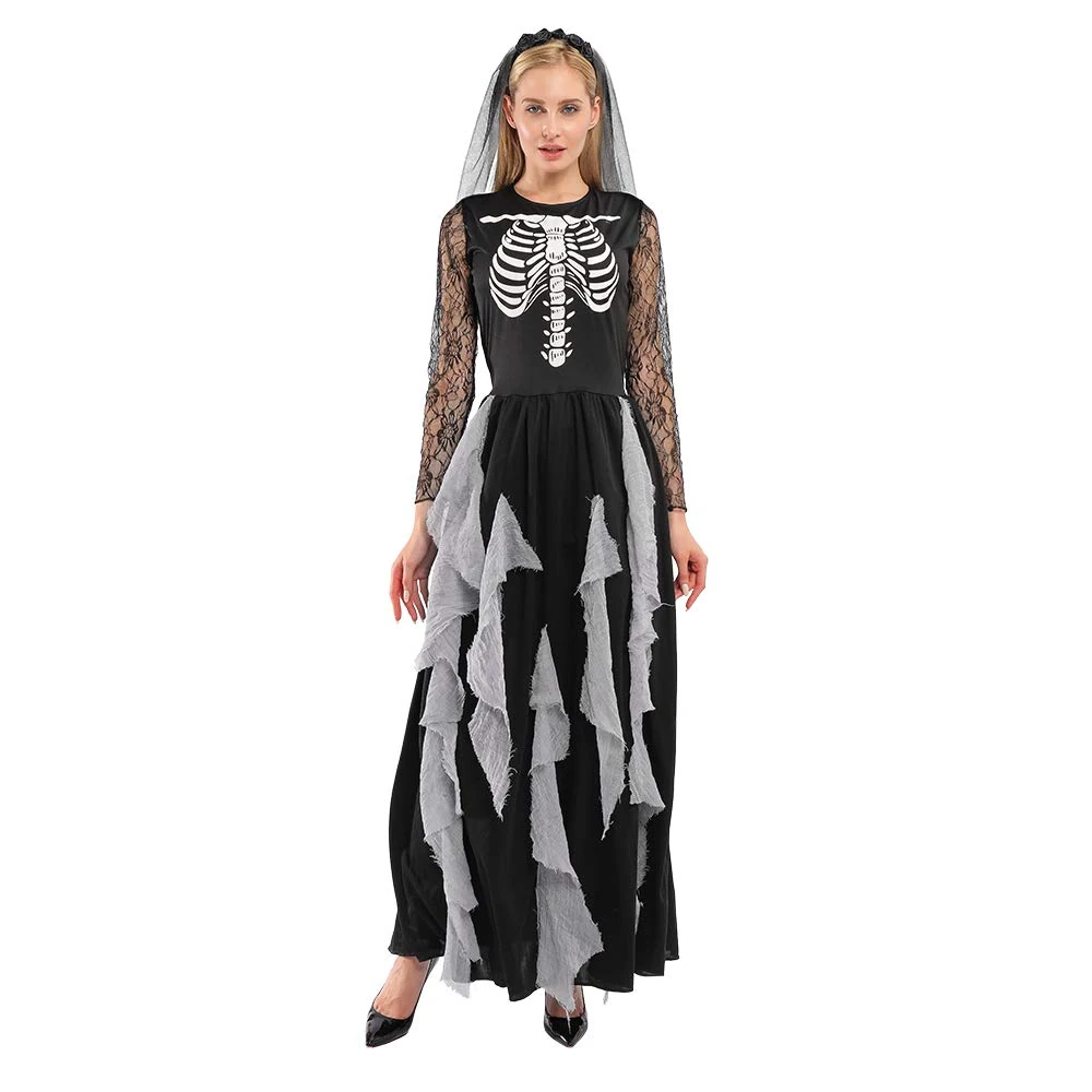 EraSpooky Women Skeleton Zombie Bride Costumes Halloween Cosplay Fancy Party Dress with Hair Band, Black&gray, Large