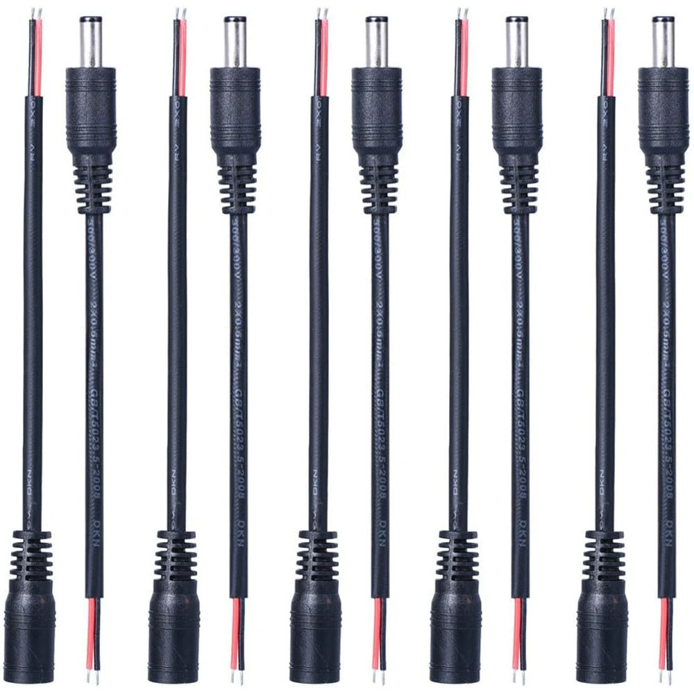 5 Pairs 22AWG DC Power Pigtail Cable - 5V-24V, 5.5mm x 2.1mm Male Female Connector, 2 Pin Cable to DC Jack Adapter, 12V Jumper for CCTV Camera, LED Strip, Boat Lighting, Car, Monitor