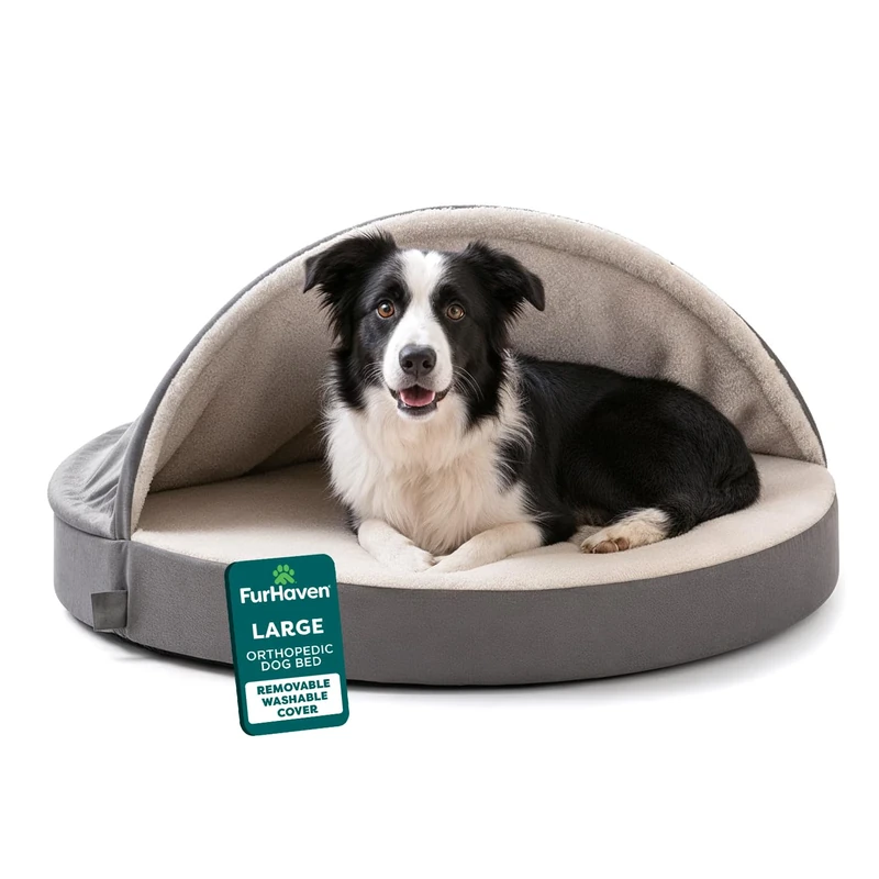 FurHaven 35" Round Orthopedic Dog Bed for Large/Medium Dogs w/Removable Washable Cover, For Dogs Up to 50 lbs - Sherpa & Suede Snuggery - Gray, 35-inch