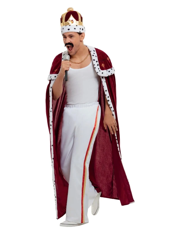 Smiffys Queen Deluxe Royal Costume, Red with Robe, Trousers, Crown & Moustache, Officially Licensed Freddy Fancy Dress, Adult Music Legend "Queen" Dress Up Costumes