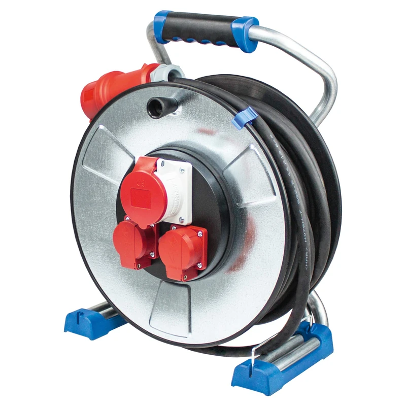 as - Schwabe IronCoat Xperts CEE Metal Cable Reel 25 m - 2 Schuko Sockets (230 V, 16 A) + 1 CEE Socket (400 V, 16 A, 5 Pin) - H07RN-F 5G2.5 - For Outdoor Use - IP44 - Made in Germany I 23999