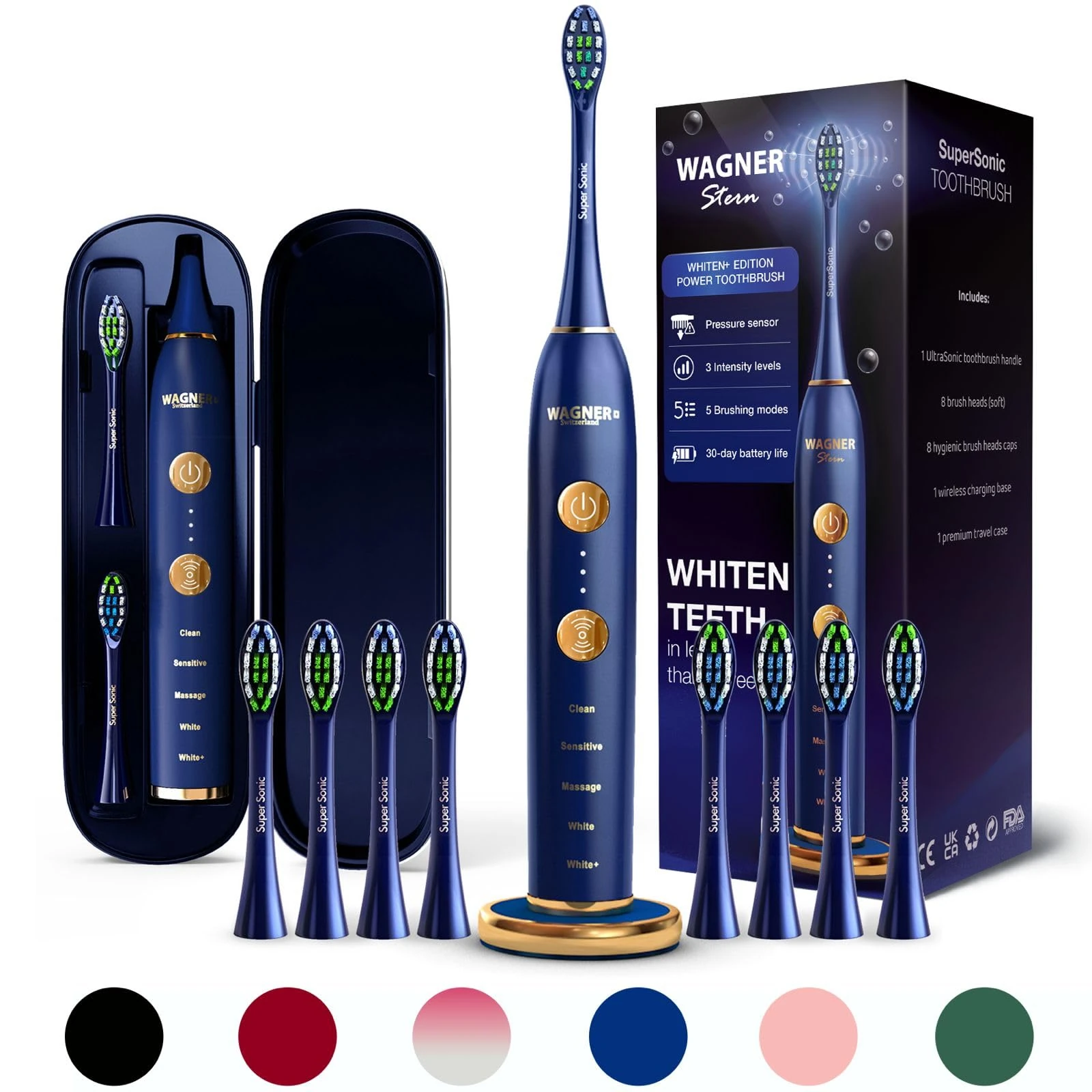 Wagner & Stern WHITEN+ Edition. Smart Electric Toothbrush with Pressure Sensor. 5 Brushing Modes and 3 Intensity Levels, 8 Soft nrush Heads, Premium Travel Case.