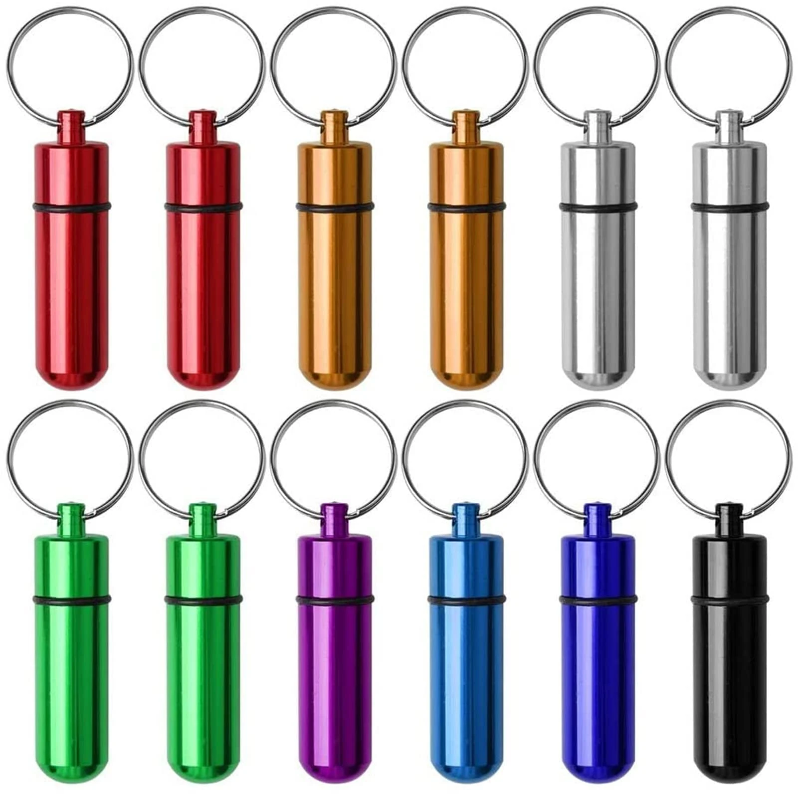 pengxiaomei 12 Pack Pill Box Keyring, Colourful Aluminum Alloy Pill Container Water Resistant Keychain Emergency Cash Stash Pill Holder for Outdoor Travel Camping (12pcs in 8 Colours)