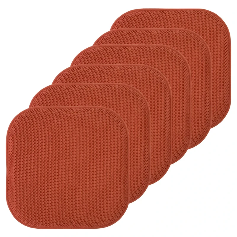 Sweet Home Collection Chair Cushion Memory Foam Pads Honeycomb Pattern Slip Non Skid Rubber Back Rounded Square 16" x 16" Seat Cover, Rust - 6 Pack