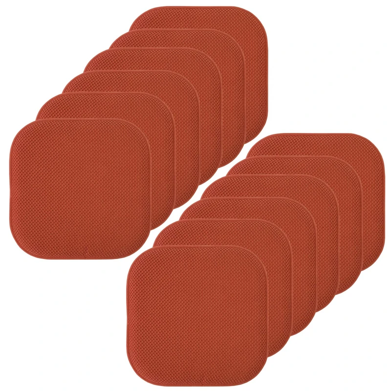 Sweet Home Collection Chair Cushion Memory Foam Pads Honeycomb Pattern Slip Non Skid Rubber Back Rounded Square 16" x 16" Seat Cover, Rust - 12 Pack