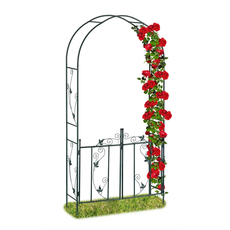 Relaxdays Rose Arch with Gate, Garden Growth Support, Metal Trellis, Weatherproof, HWD 230 x 113.5 x 36.5 cm, Green