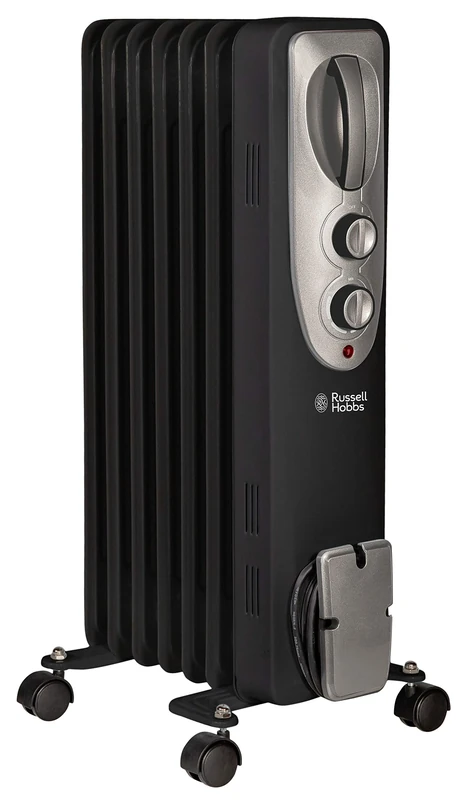 Russell Hobbs 1500W/1.5KW Oil Filled Radiator, 7 Fin Portable Electric Heater - Black, Adjustable Thermostat with 3 Heat Settings, Safety Cut-off, 15 m sq Room Size, RHOFR5001B, 2 Year Guarantee