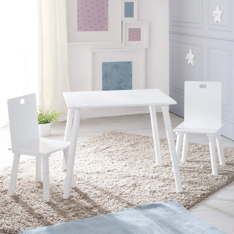 roba Wooden Children's Play Table and Chair Set with 2 Chairs and 1 Table (White)