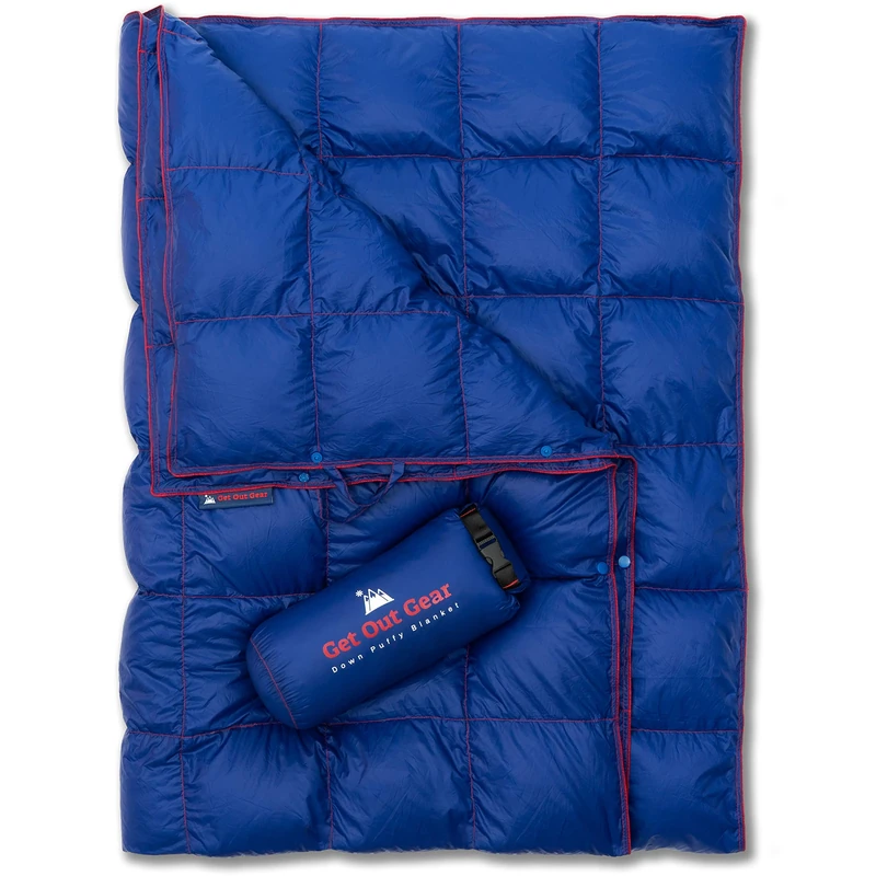 Get Out Gear Down Camping Blanket - Lightweight Warm and Packable | Ideal for Backpacking,Travel, Festivals, Beach, Hammock | 650 Fill Power Water-Resistant Backpacking Quilt (Blue/Red)