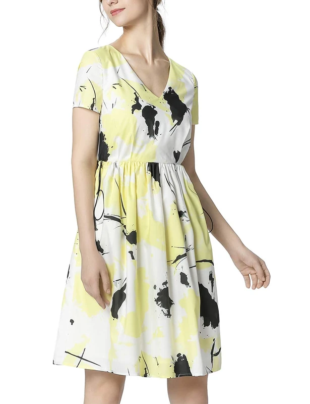 APART Fashion Women's Printed Dress, Yellow (Vanilla-Multicolour Vanilla-Multicolour), 18