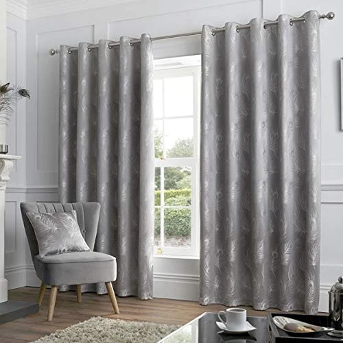 Curtina Feather-Jacquard Lined Eyelet, Silver, Curtains: 90" Width x 72" Drop (229 x 183cm)