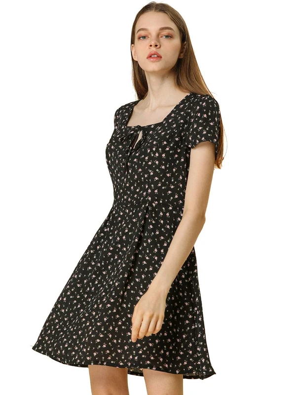 Allegra K Women's Printed Casual Square Neck Short Sleeve Fit and Flare Dress Black-Floral L-16 - Image 1