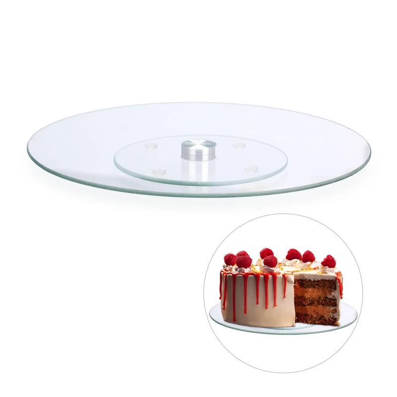 Relaxdays Cake Stand, 360° Swivel Tray, ∅ 30 cm Serving & Decorating Platter, Round, Glass, Transparent