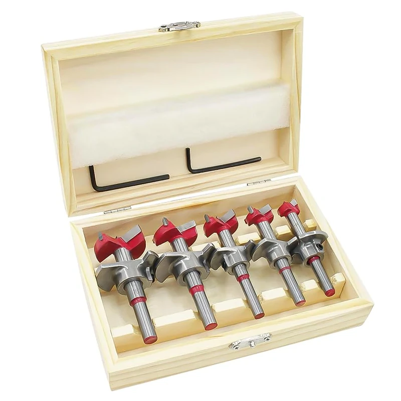 flintronic Forstner Drill Bit, 5PCS (15-35mm) Positioner Drill Bit Set, Hinge Hole Cutter, Hole Boring Bit, Carbide Woodworking Hole Saw with Depth Stoper (Depth Range:10~40mm), Hole Puncher Locator