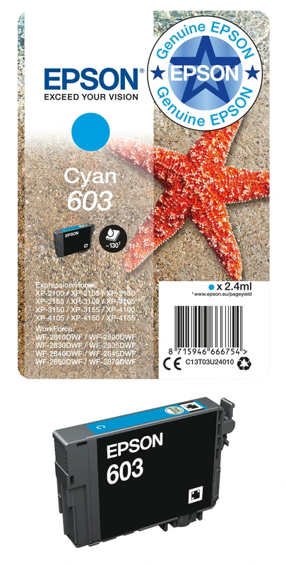 Epson 603 Cyan Starfish Genuine, Ink Cartridge, Standard Capacity ,Pack of 1