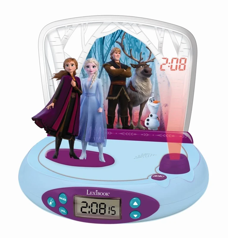 LEXIBOOK, Frozen Elsa Anna, Projector Alarm Clock for kids, Nightlight and time projection to the ceiling, Sound Effects, Battery-powered, Blue, RP510FZ