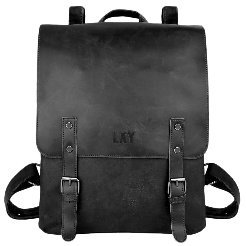 LXY Vegan Leather Backpack Vintage Laptop Bookbag for Women Men - Black - One Size…