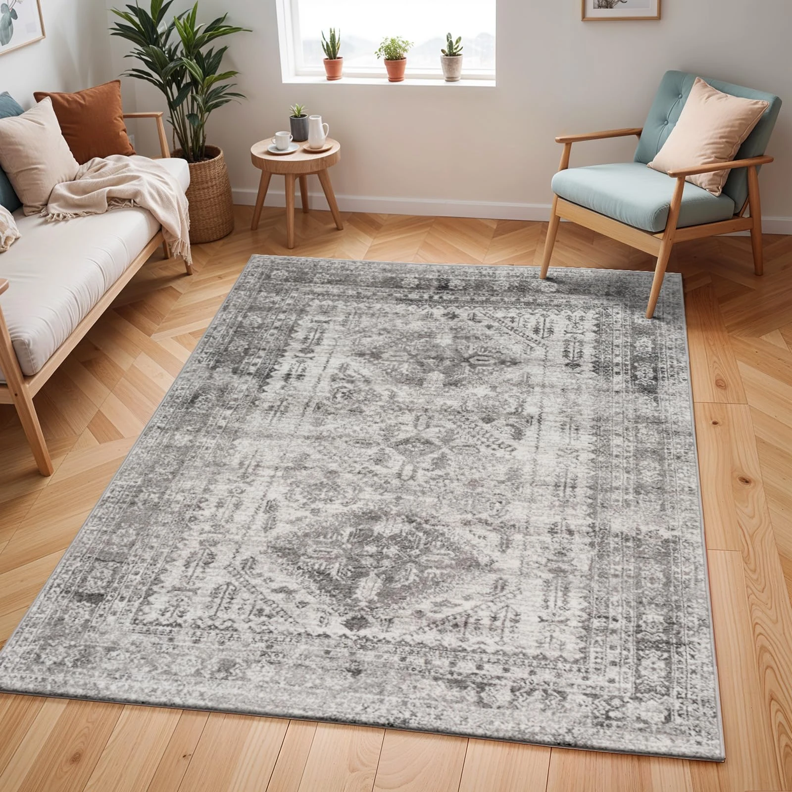 Livabliss Habana Vintage Rug - Area Rugs for Living Room 120x170 cm, Bedroom - Scandi Neutral Rugs, Traditional Patterned Boho Style, Natural Easy Care Pile - Large Rug, Grey and White