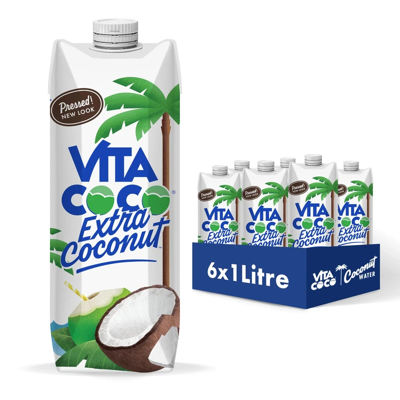 Vita Coco Extra Coconut Water Multipack 1 Litre x 6, Pressed Coconut Water, Packed With Electrolytes, Gluten Free, Full Of Vitamin C, Low-Calorie Electrolyte Drink, Thirst Quenching Refreshment