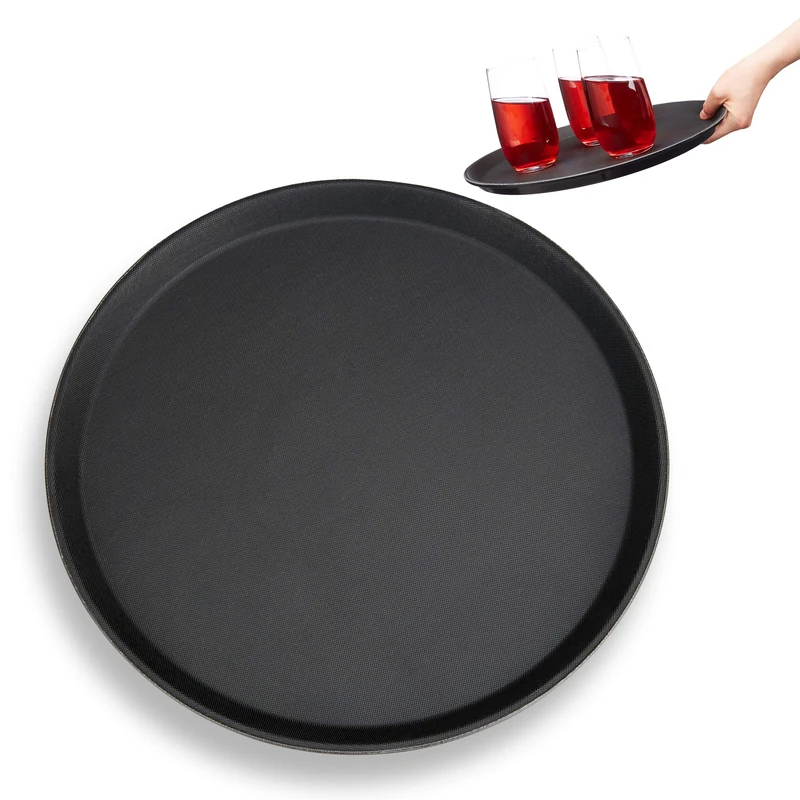 Relaxdays Gastro Tray, Non-Slip Surface, Elevated Rim, Serving Platter for Cafés, Bars, Restaurants, Ø 35 cm, Black