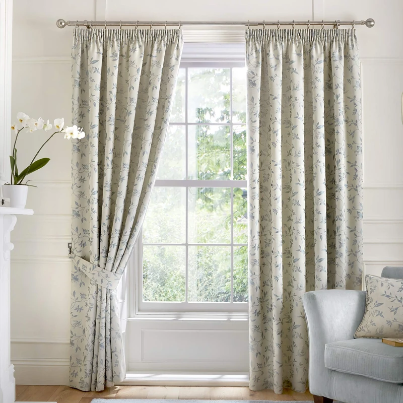 Curtina Bird Trail-Jacquard Lined Pencil Pleat Curtains, Duck Egg, 66" Width x 54" Drop (168 x 137cm)