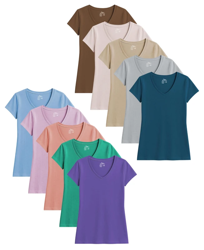 Sexy Basics Womens' Cotton Stretch V Neck Color T Shirts | Casual & Active Basic Short Sleeve Tops | Multi Packs, 10 Pack- Assorted Color Blast, L
