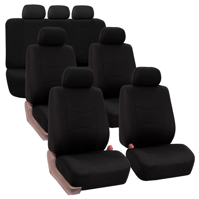 FH GROUP Flat Cloth Full Set Car Seat Covers Three Row 7 Passenger Set - Universal Fit for Cars, Trucks & SUVs (Solid Black) FB050217