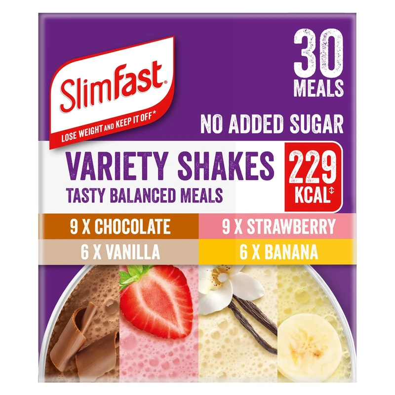 SlimFast Variety Shakes Sachet Assorted Box, Tasty Shakes for Balanced Diet, Chocolate, Strawberry, Vanilla and Banana Flavours, 30 Sachets, 3 x 10 Multipack