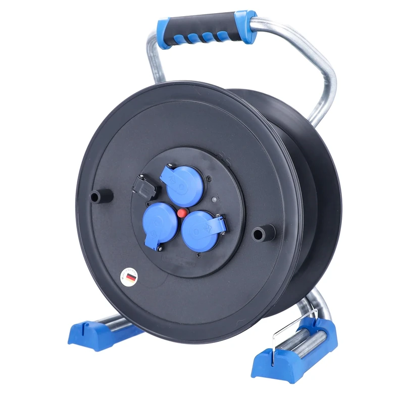as - Schwabe Xperts Plastic Empty Cable Reel for 40 m Cable, Extension Cable Drum without Cable, Empty Drum with 3 Protective Contact Sockets 230 V, 16 A, IP44, Made in Germany, Black I 22620