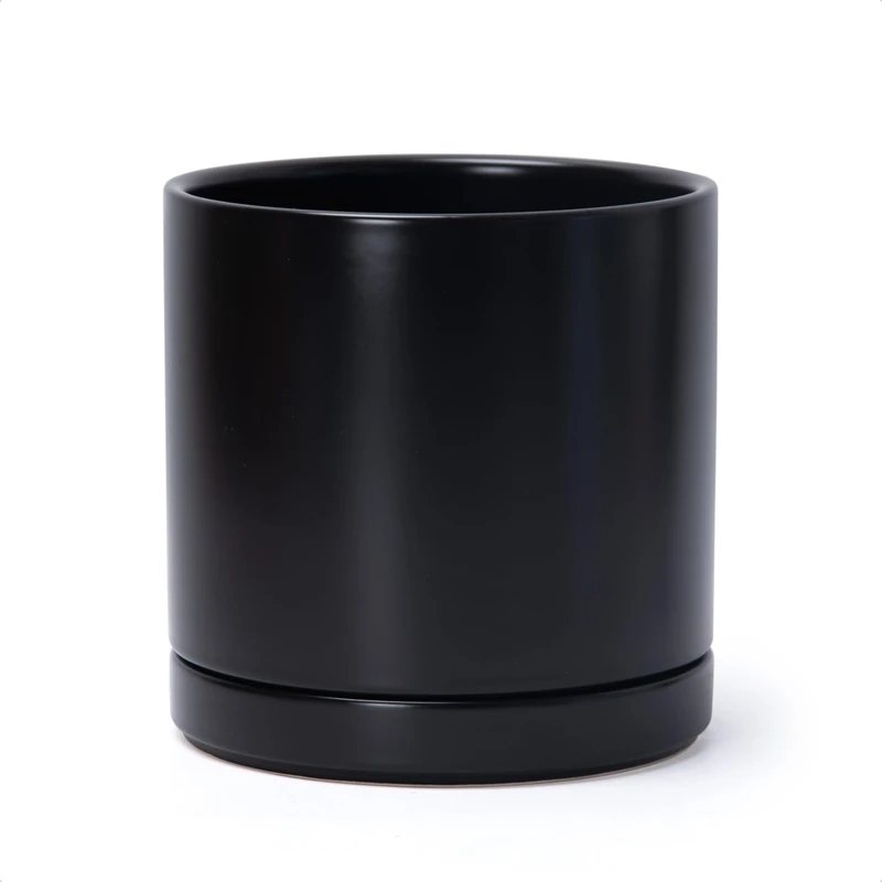 D'vine Dev Ceramic Planter Pot with Drainage Hole and Saucer, Indoor Cylinder Round Planter Pot, 8 Inch, Black, 94-O-M-2
