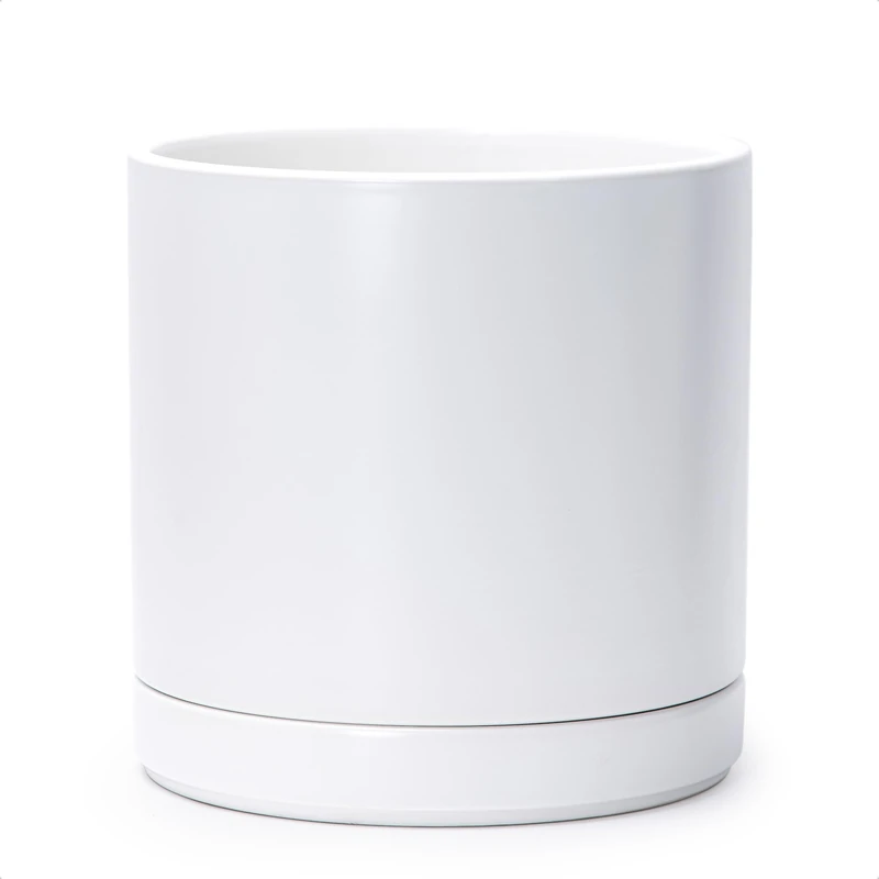 D'vine Dev 10 Inch Ceramic Planter Pot with Drainage Hole and Saucer, Indoor Cylinder Round Planter Pot, White, 94-O-L-1 - Image 1
