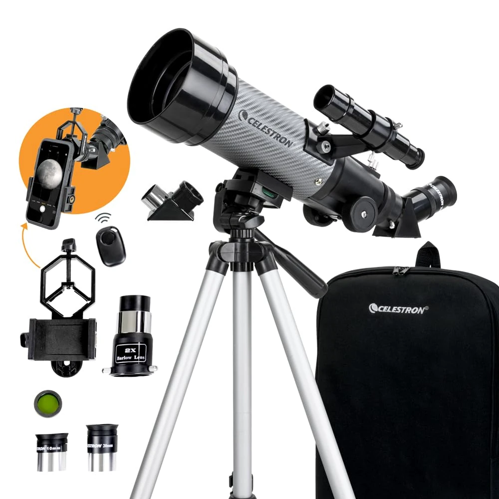 Celestron 22035 Travel Scope DX 70mm Portable Refractor Telescope with Fully-Coated Glass Optics, Backpack, Astronomy Software Package, and Digiscoping Smartphone Adapter