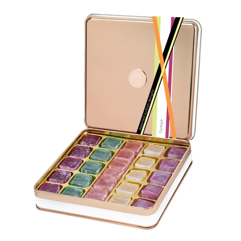 Premium Assorted Turkish Delight | 26 Pieces 500 g | Traditional Lokum | Lokoum Gift Tin | Handmade in Turkey | Vegan & Halal |Perfect for Mother’s Day, Easter, Ramadan Eid | Chateau De Mediterranean