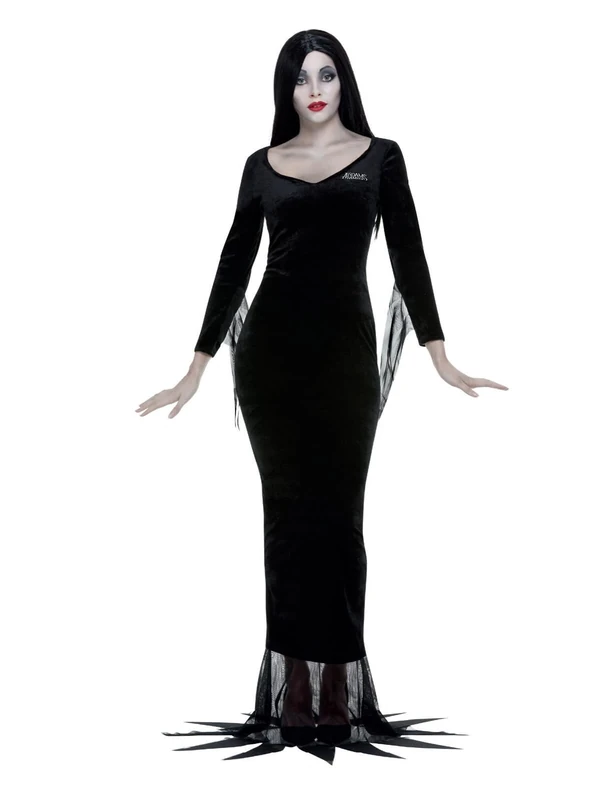 Smiffys The Addams Family Morticia Costume, Adult, Black Dress & Wig, Officially Licensed, Full Morticia Addams costume perfect for Halloween and Costume Parties, World Book Day