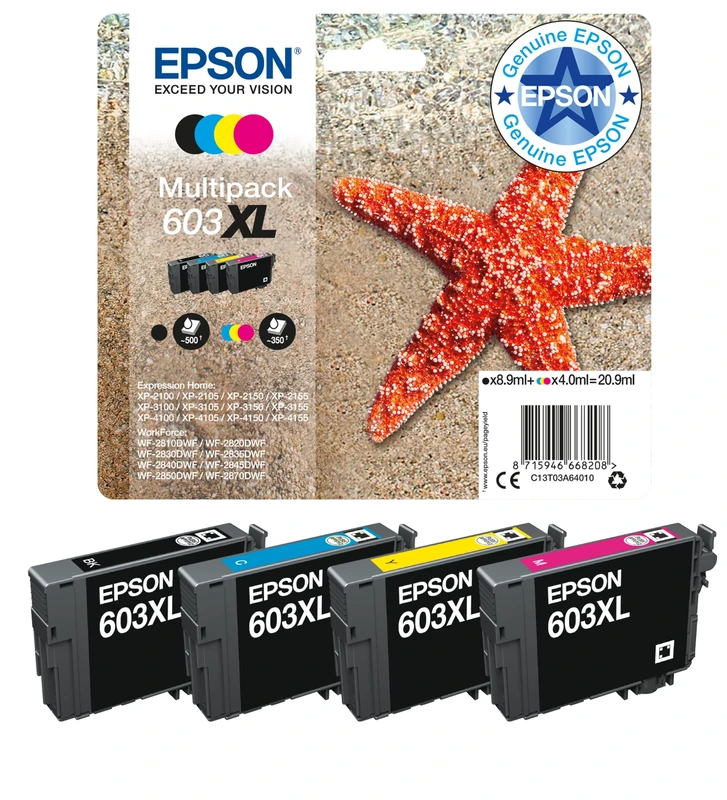 Epson 603XL Starfish High Yield Genuine Multipack, 4-Colours Ink Cartridges