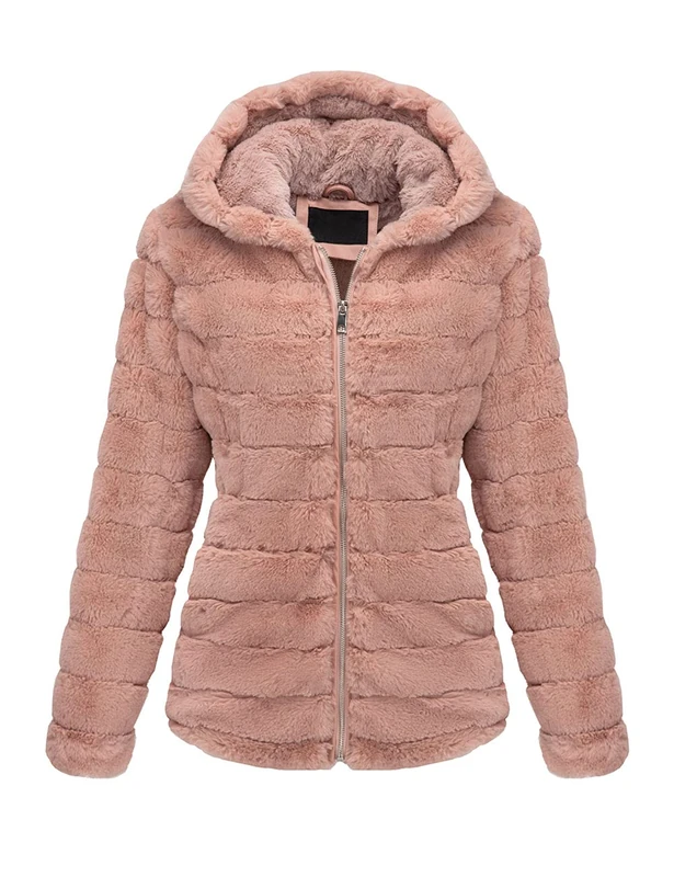 BELLIVERA Women Faux Fur Shearling Shaggy Coat, Winter Warm Zip Up Short Jacket Hooded 1801 Pink L