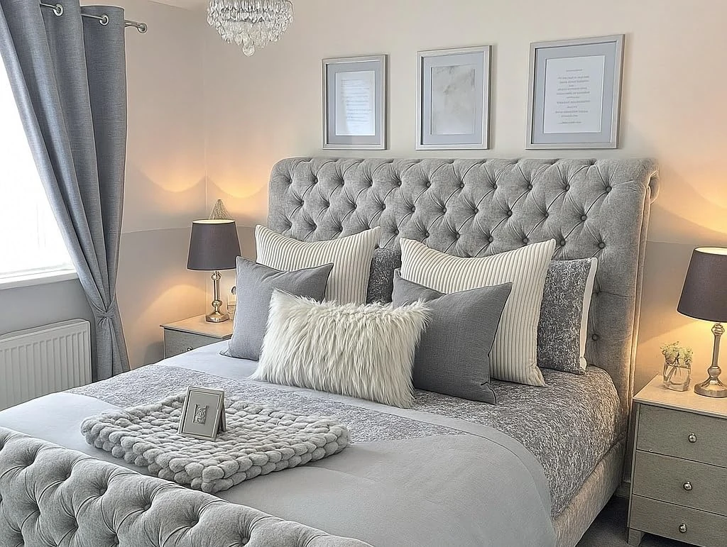 Spring Well, Sleigh bed with scrolled ends with Diamonds Buttons in Crushed Velvet Fabric Upholstered Bed Frame in many colours (GT, 5ft)