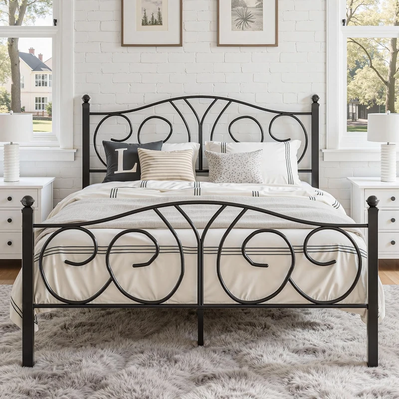 VECELO Metal Platform Double Bed Frame Mattress Foundation with Deluxe Headboard & Footboard No Box Spring Needed, Heavy Duty & Easy Set up,Large Storage Space Black