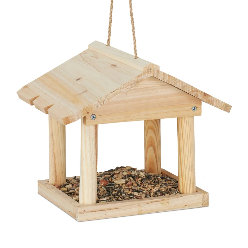 Relaxdays Hanging Birdhouse, Small Bird Feeder for Garden and Balcony, Untreated Wood, Natural