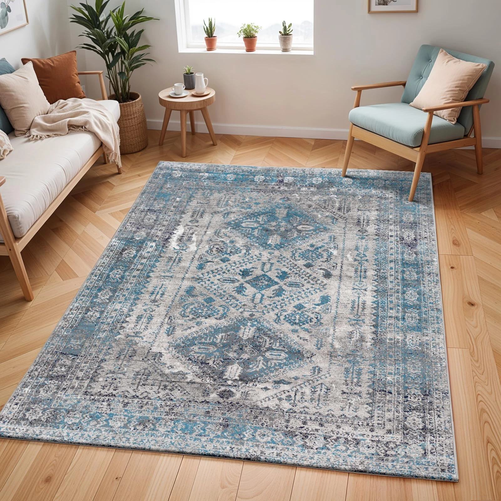 Livabliss Habana Vintage Rug - Area Rugs for Living Room 240x310 cm, Bedroom - Scandi Neutral Rugs, Traditional Patterned Boho Style, Natural Easy Care Pile - Large Rug, Dark Blue and Grey