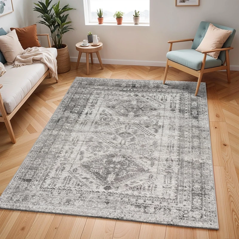 Livabliss Habana Vintage Rug - Area Rugs for Living Room 160x220 cm, Bedroom - Scandi Neutral Rugs, Traditional Patterned Boho Style, Natural Easy Care Pile - Large Rug, Grey and White