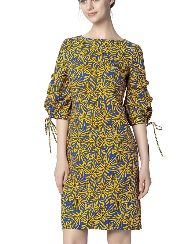 APART Fashion Women's Printed Dress, Yellow-Royal Blue, 6