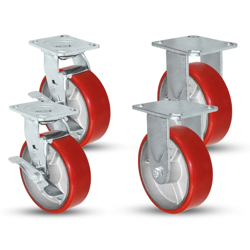 6" X 2" Swivel Caster Heavy Duty Red Polyurethane Wheel on Steel Hub with Brakes (2) and Fixed (2) 4,800lbs Per Set of 4 Tool Box Casters - CasterHQ Brand (6")