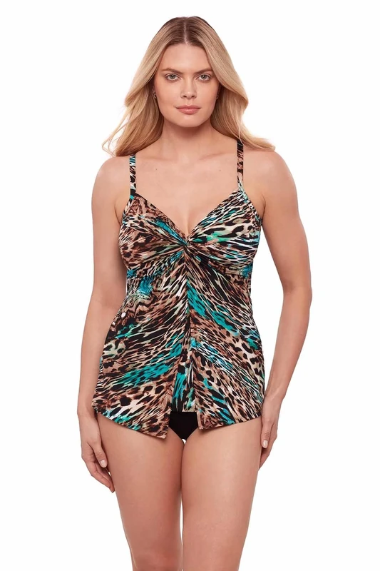 Miraclesuit Womens V-Neck Cheetah Print Tankini Swim Top Black 14