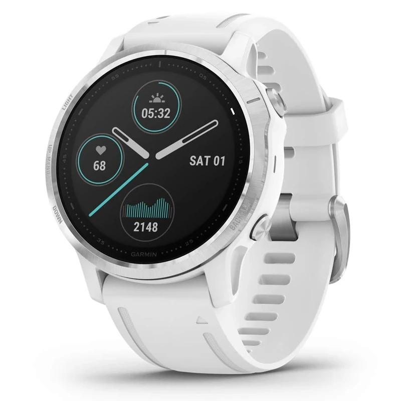Garmin Fenix 6S, Premium Multisport GPS Watch, Smaller-Sized, Heat and Altitude Adjusted V02 Max, Pulse Ox Sensors and Training Load Focus, White, Silver with White Band, 010-02159-00